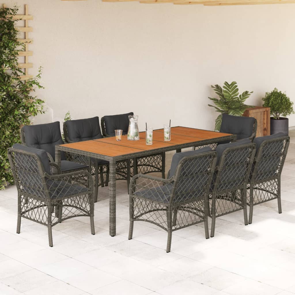 9 Piece Garden Dining Set with Cushions Grey Poly Rattan