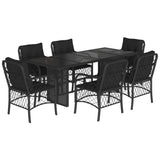 7 Piece Garden Dining Set with Cushions Black Poly Rattan - Front View