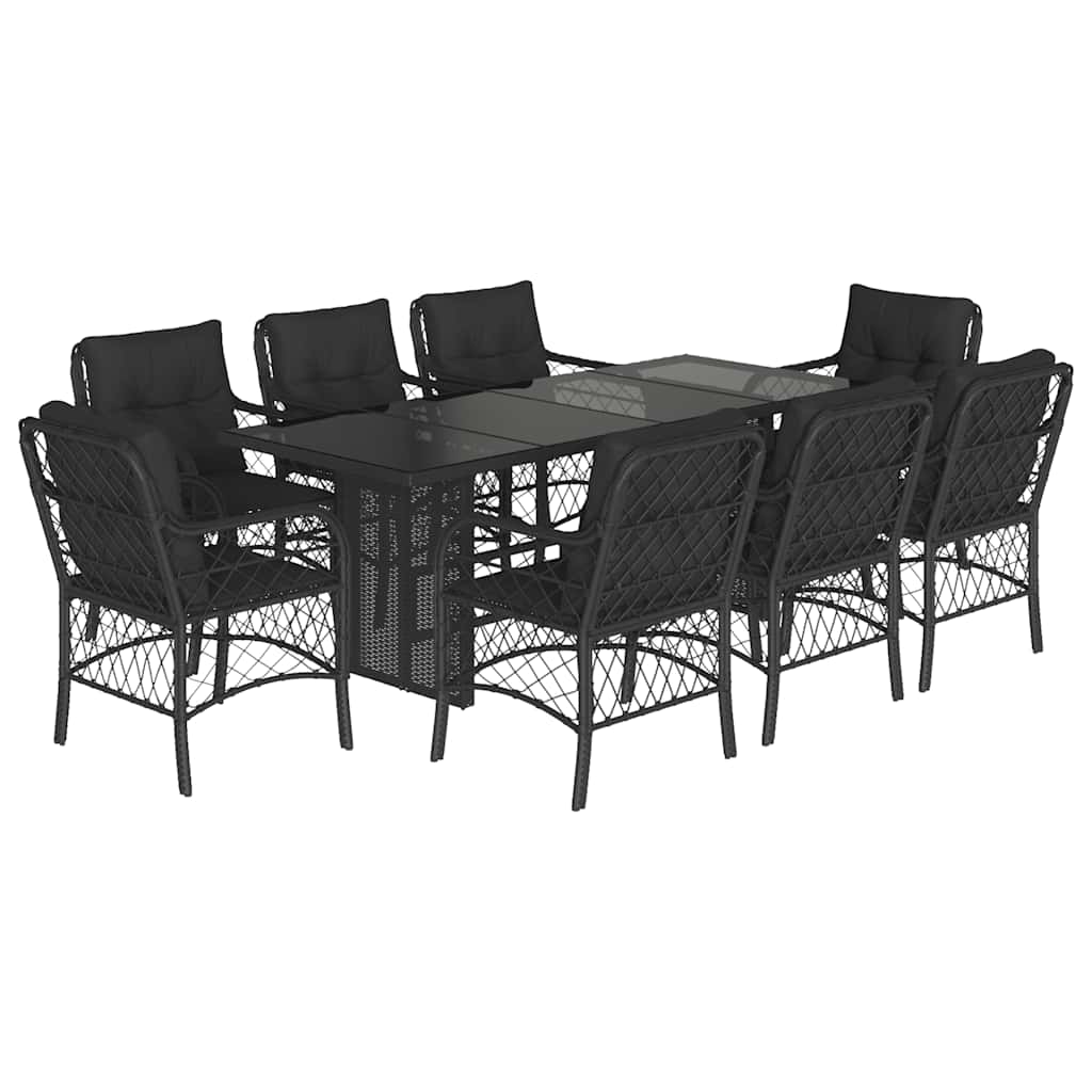 9 Piece Garden Dining Set with Cushions Black Poly Rattan