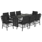 9 Piece Garden Dining Set with Cushions Black Poly Rattan - Front View