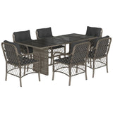 7 Piece Garden Dining Set with Cushions Grey Poly Rattan - Front View