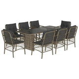 9 Piece Garden Dining Set with Cushions Grey Poly Rattan - Front View