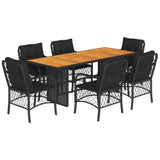 7 Piece Garden Dining Set with Cushions Black Poly Rattan - Front View