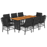 9 Piece Garden Dining Set with Cushions Black Poly Rattan - Front View