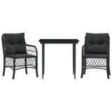 3 Piece Bistro Set with Cushions Black Poly Rattan - Front View
