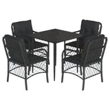 5 Piece Garden Dining Set with Cushions Black Poly Rattan - Front View