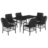 7 Piece Garden Dining Set with Cushions Black Poly Rattan - Front View