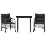 3 Piece Bistro Set with Cushions Black Poly Rattan - Front View