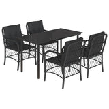 5 Piece Garden Dining Set with Cushions Black Poly Rattan - Front View