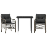3 Piece Bistro Set with Cushions Grey Poly Rattan - Front View