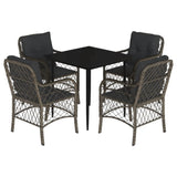 5 Piece Garden Dining Set with Cushions Grey Poly Rattan - Front View