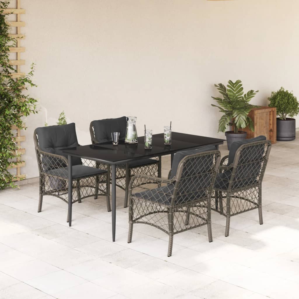 5 Piece Garden Dining Set with Cushions Grey Poly Rattan