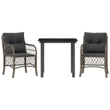 3 Piece Bistro Set with Cushions Grey Poly Rattan - Front View