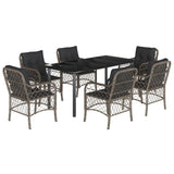 7 Piece Garden Dining Set with Cushions Grey Poly Rattan - Front View