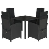 5 Piece Garden Dining Set with Cushions Black Poly Rattan - Front View