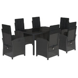 7 Piece Garden Dining Set with Cushions Black Poly Rattan - Front View