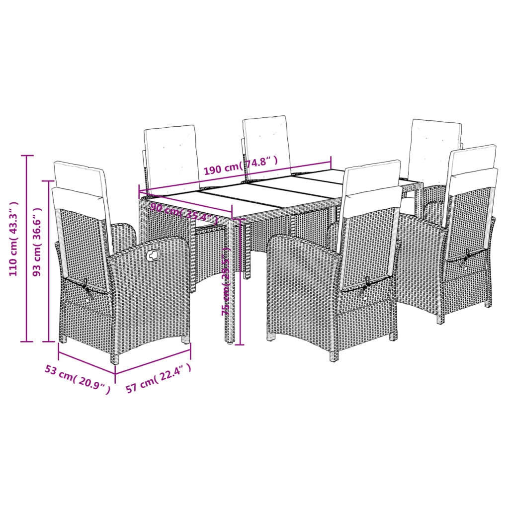 7 Piece Garden Dining Set with Cushions Black Poly Rattan
