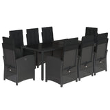 9 Piece Garden Dining Set with Cushions Black Poly Rattan - Front View