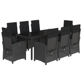 9 Piece Garden Dining Set with Cushions Black Poly Rattan - Front View