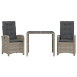 3 Piece Garden Dining Set with Cushions Grey Poly Rattan - Front View