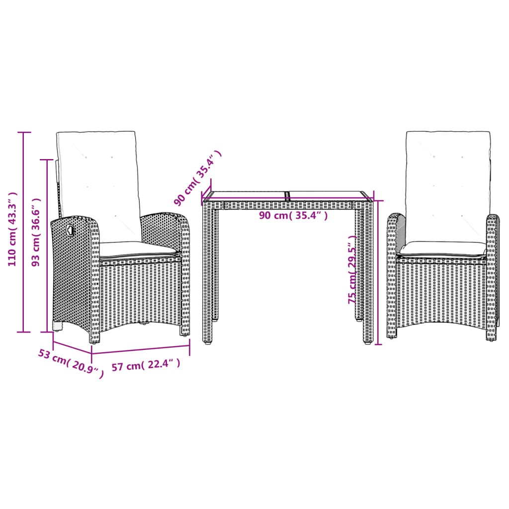 3 Piece Garden Dining Set with Cushions Grey Poly Rattan
