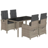 5 Piece Garden Dining Set with Cushions Grey Poly Rattan - Front View