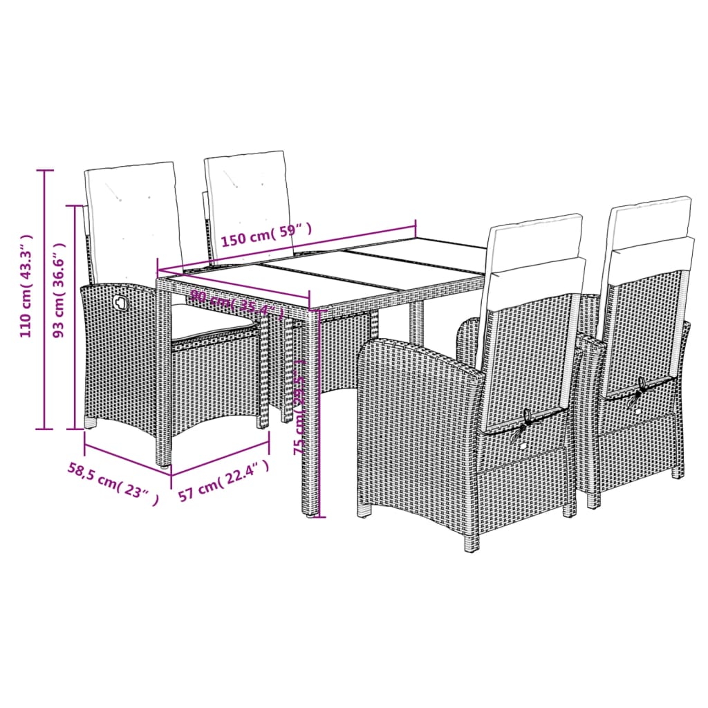5 Piece Garden Dining Set with Cushions Grey Poly Rattan