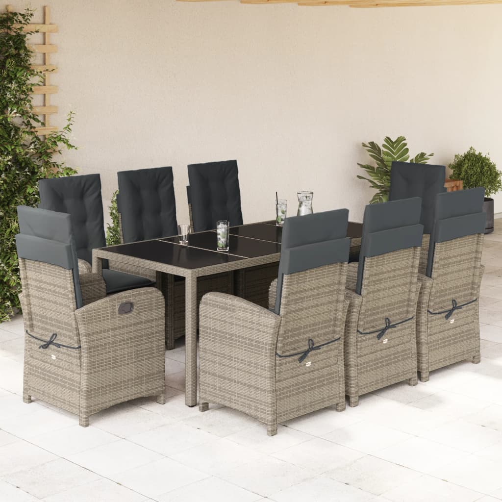 9 Piece Garden Dining Set with Cushions Grey Poly Rattan