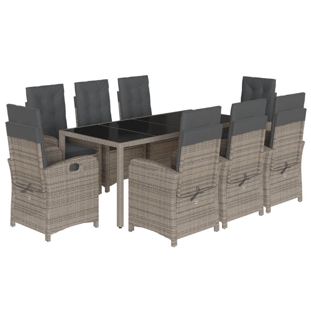 9 Piece Garden Dining Set with Cushions Grey Poly Rattan
