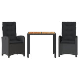 3 Piece Garden Dining Set with Cushions Black Poly Rattan - Front View