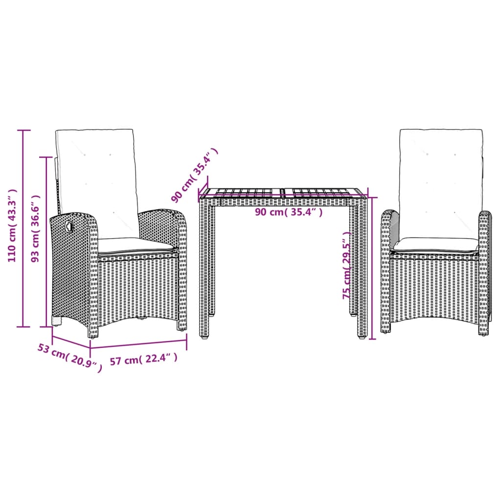 3 Piece Garden Dining Set with Cushions Black Poly Rattan