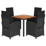 5 Piece Garden Dining Set with Cushions Black Poly Rattan - Front View