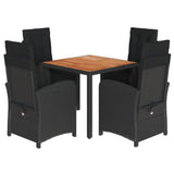 5 Piece Garden Dining Set with Cushions Black Poly Rattan - Front View