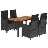 5 Piece Garden Dining Set with Cushions Black Poly Rattan - Front View