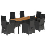 7 Piece Garden Dining Set with Cushions Black Poly Rattan - Front View