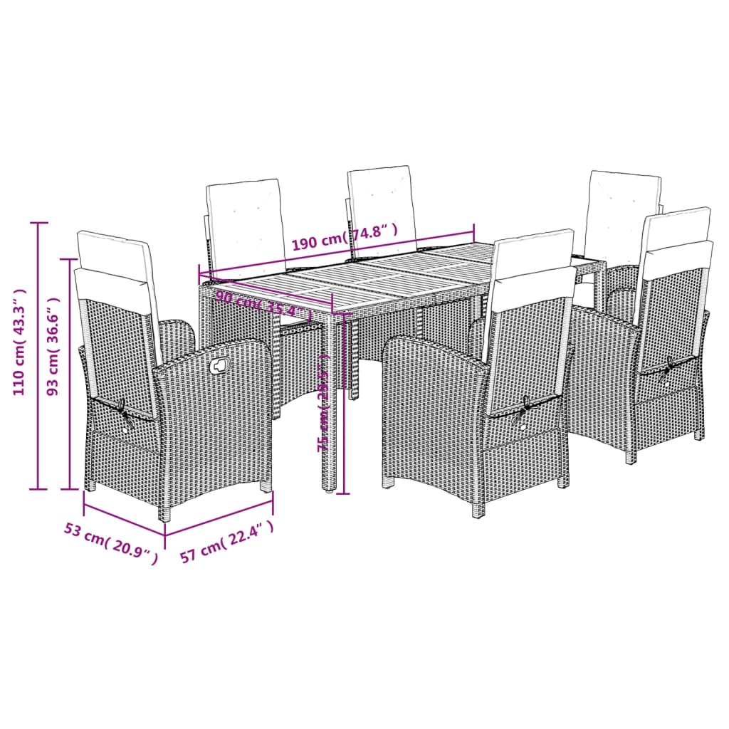 7 Piece Garden Dining Set with Cushions Black Poly Rattan