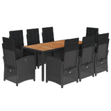 9 Piece Garden Dining Set with Cushions Black Poly Rattan - Front View