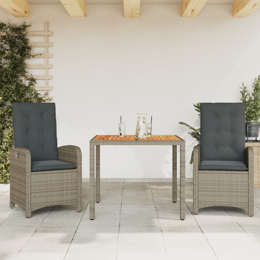 3 Piece Garden Dining Set with Cushions Grey Poly Rattan