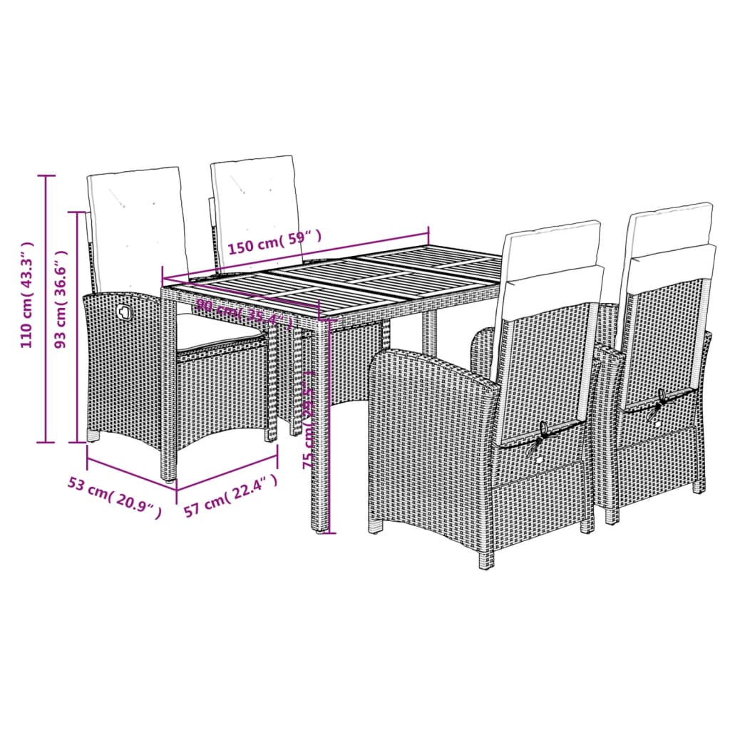 5 Piece Garden Dining Set with Cushions Grey Poly Rattan