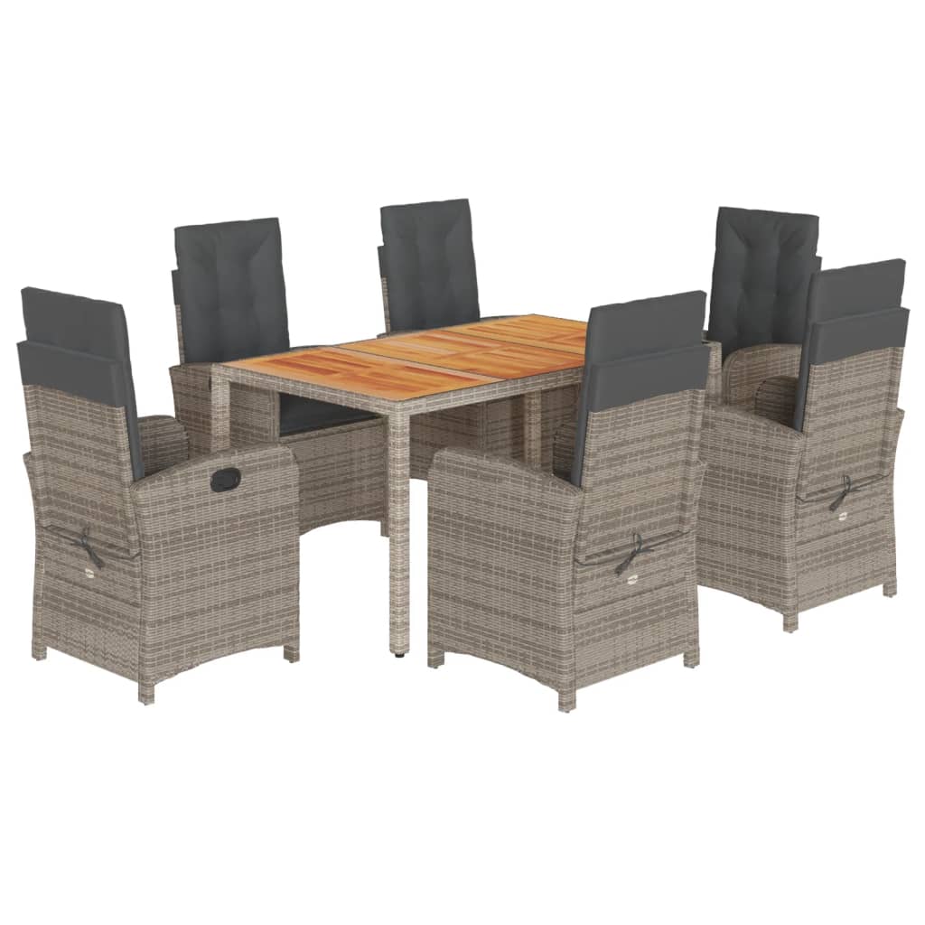 7 Piece Garden Dining Set with Cushions Grey Poly Rattan