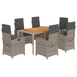 7 Piece Garden Dining Set with Cushions Grey Poly Rattan - Front View