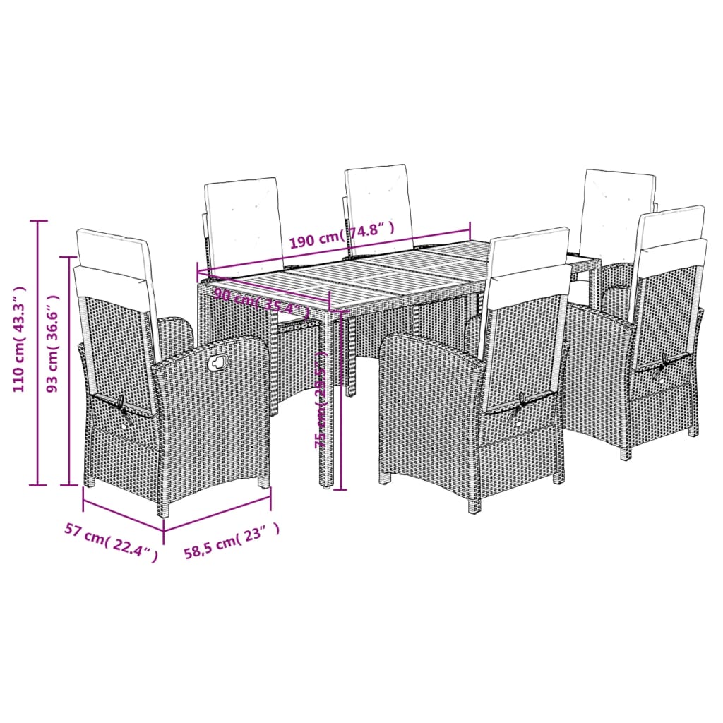 7 Piece Garden Dining Set with Cushions Grey Poly Rattan