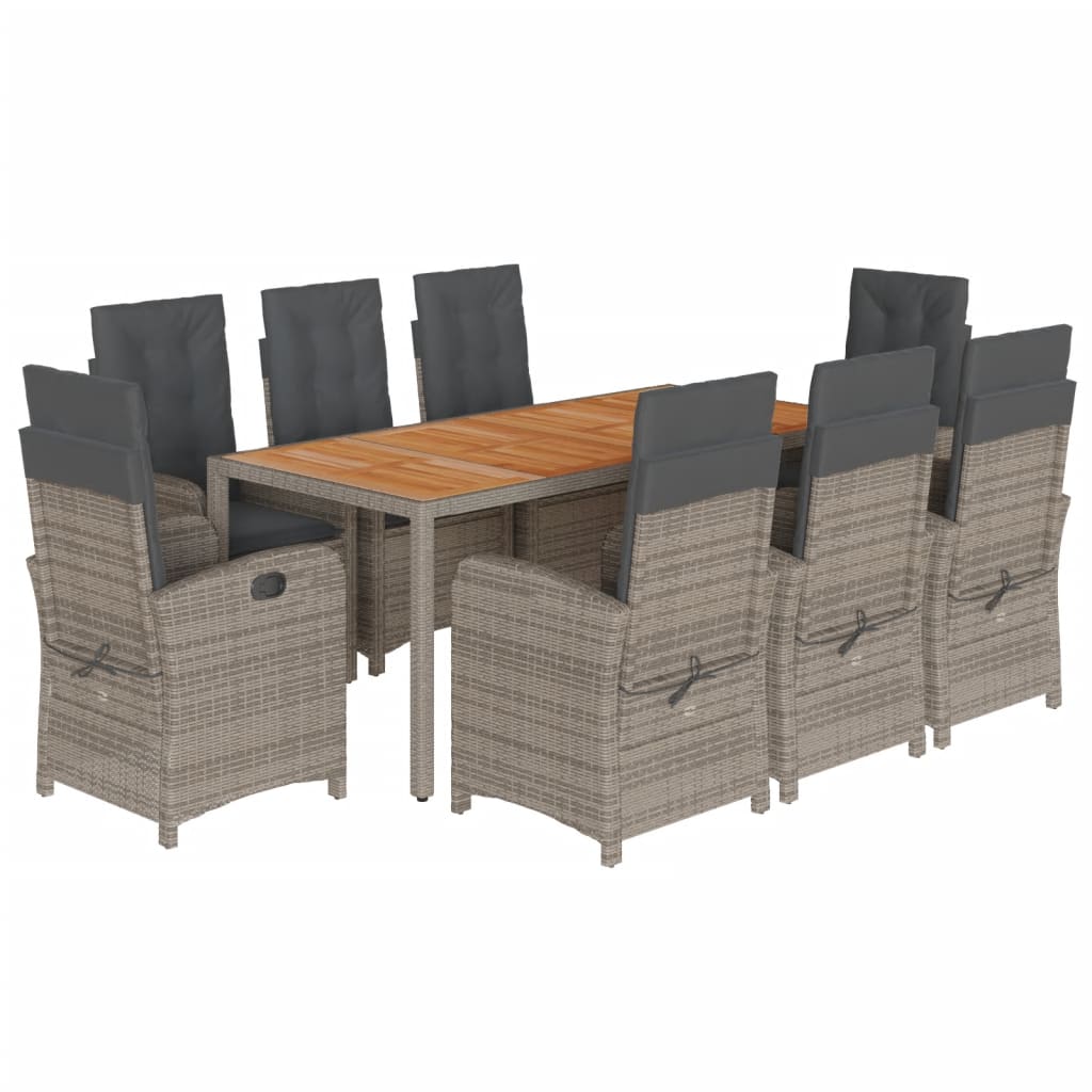 9 Piece Garden Dining Set with Cushions Grey Poly Rattan