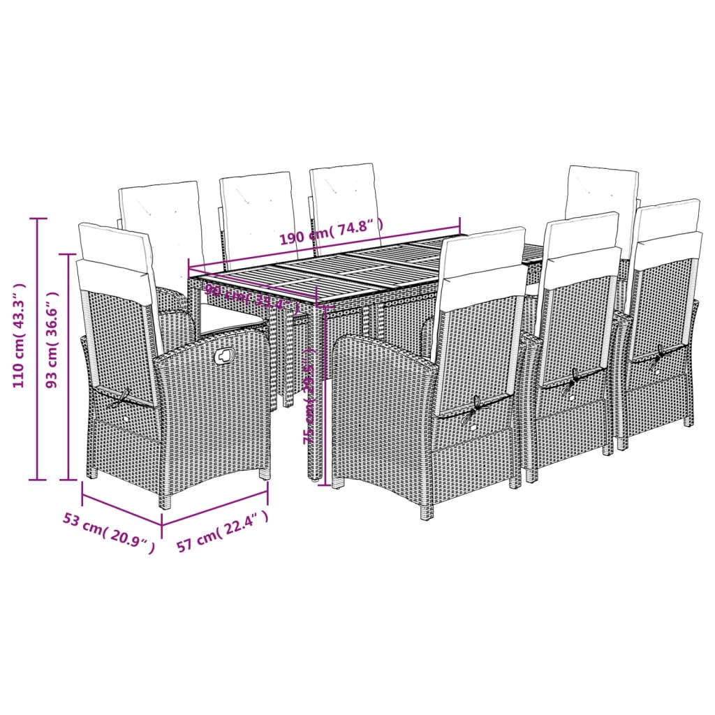 9 Piece Garden Dining Set with Cushions Grey Poly Rattan