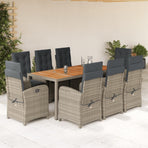 9 Piece Garden Dining Set with Cushions Grey Poly Rattan