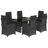 7 Piece Garden Dining Set with Cushions Black Poly Rattan - Front View