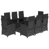 9 Piece Garden Dining Set with Cushions Black Poly Rattan - Front View
