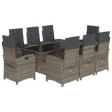 9 Piece Garden Dining Set with Cushions Grey Poly Rattan - Front View