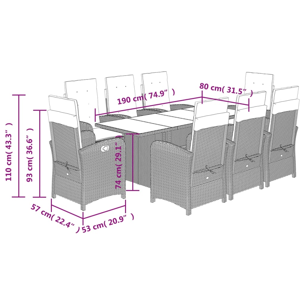 9 Piece Garden Dining Set with Cushions Grey Poly Rattan
