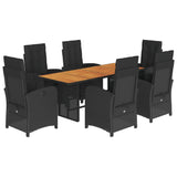 7 Piece Garden Dining Set with Cushions Black Poly Rattan - Front View